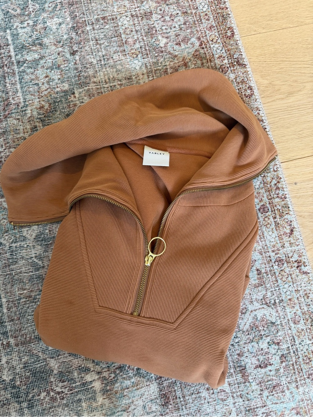 Varley Camel Half-Zip Funnel Pullover with Gold Zipper